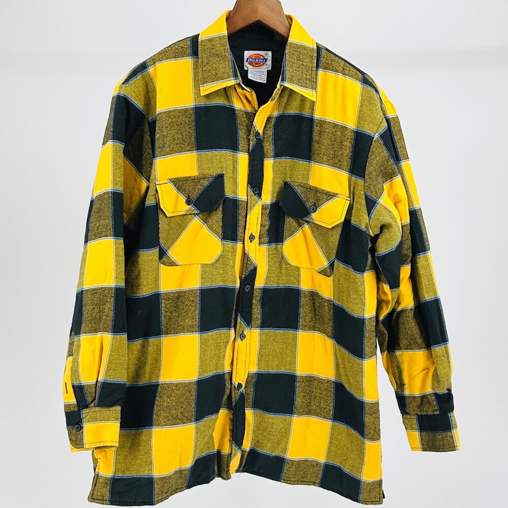90s/Y2K Dickies Yellow Navy Quilted Flannel Work Utility Jacket Shacket